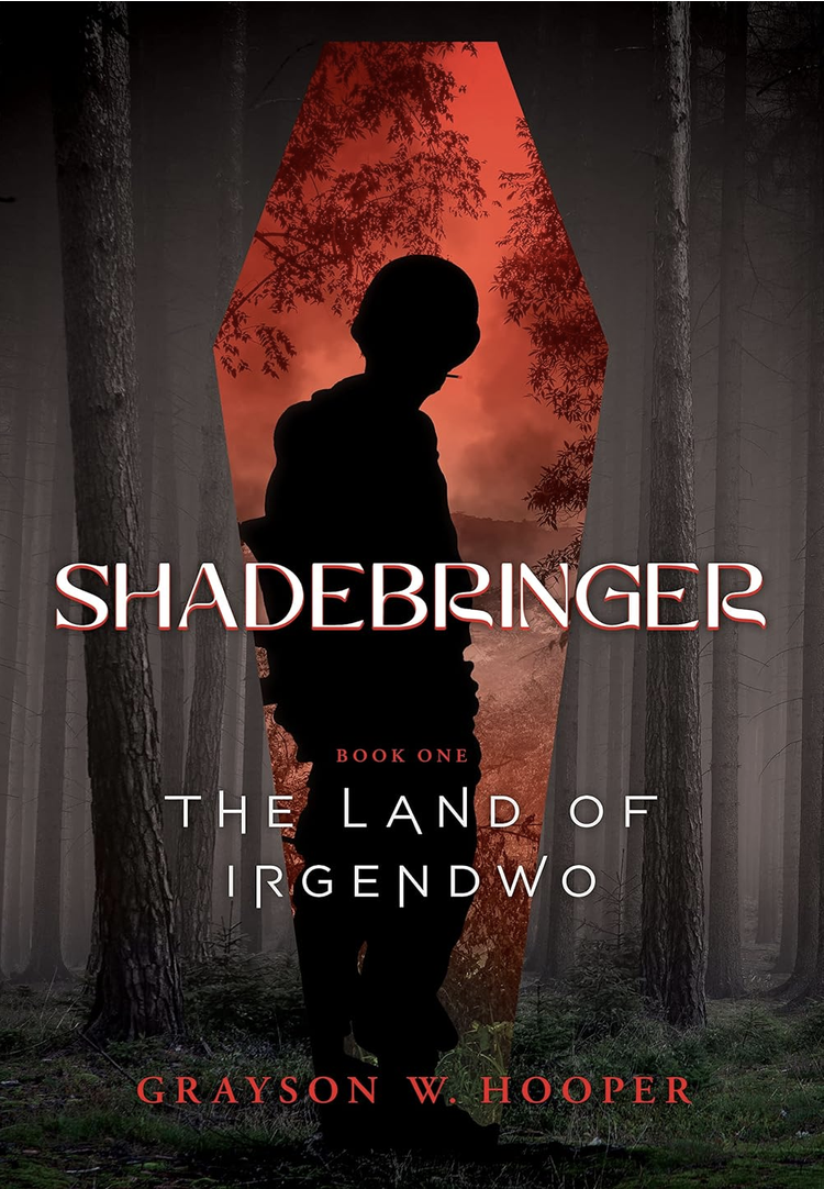 Book cover featuring a silhouette of a person in a forest with orange sunset sky, title 'Shadebringer' and author Grayson W. Hooper.