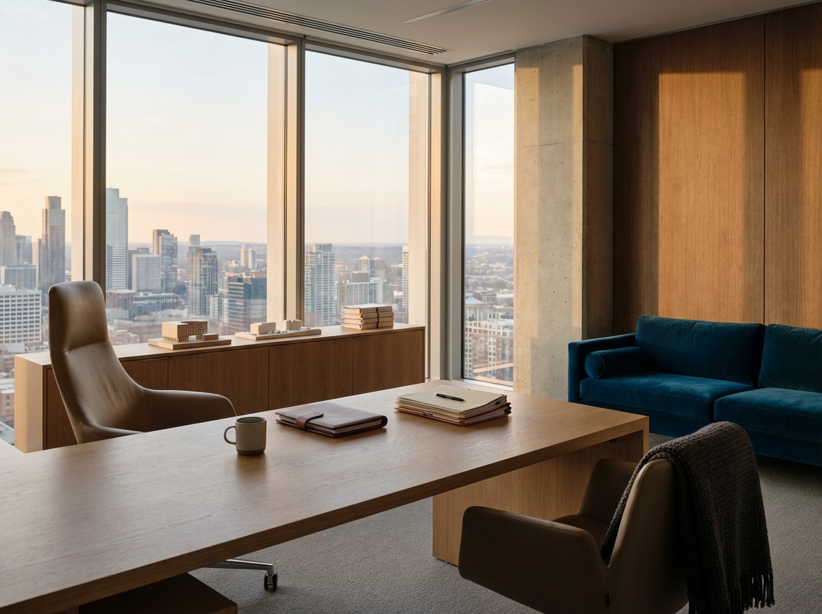 Modern office with large windows overlooking a city skyline, a wooden desk with files and a coffee mug, and a blue sofa in the corner.