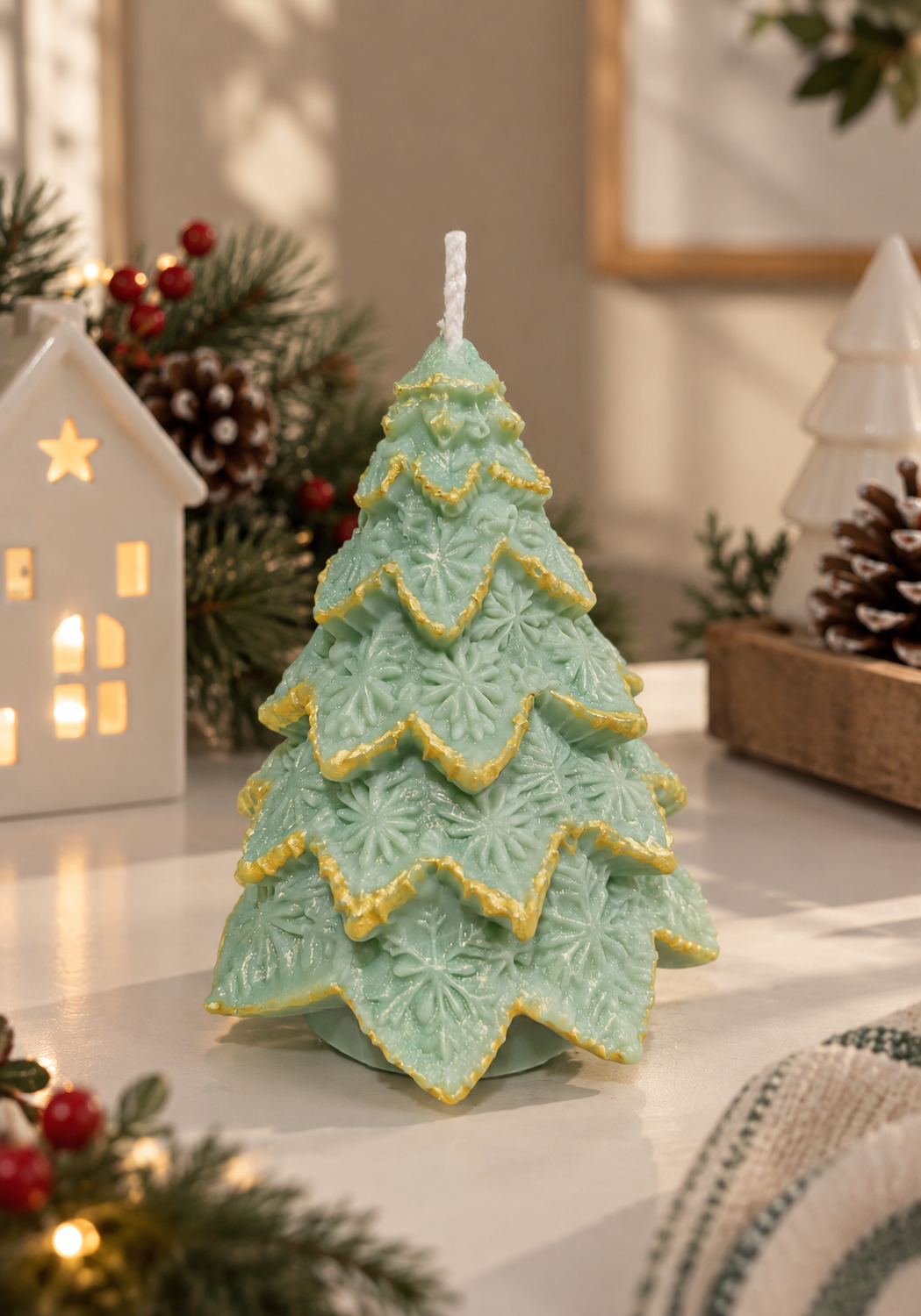Green Christmas tree shaped sculptural candle with decorative gold detailing.