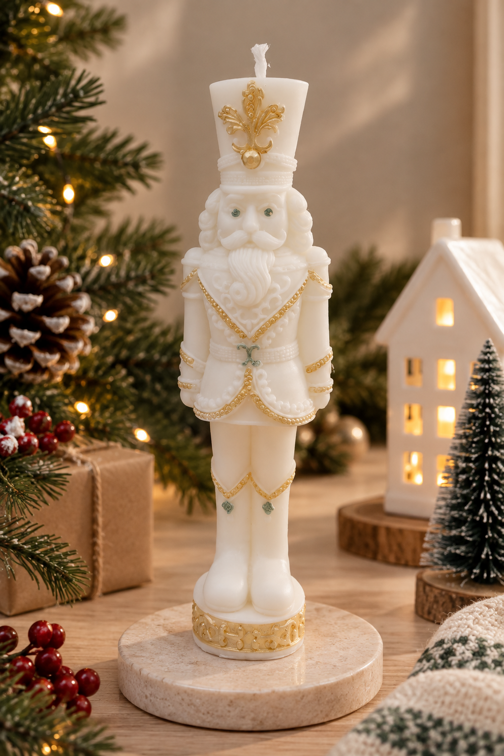 White nutcracker shaped sculptural candle in a festive Christmas setting.