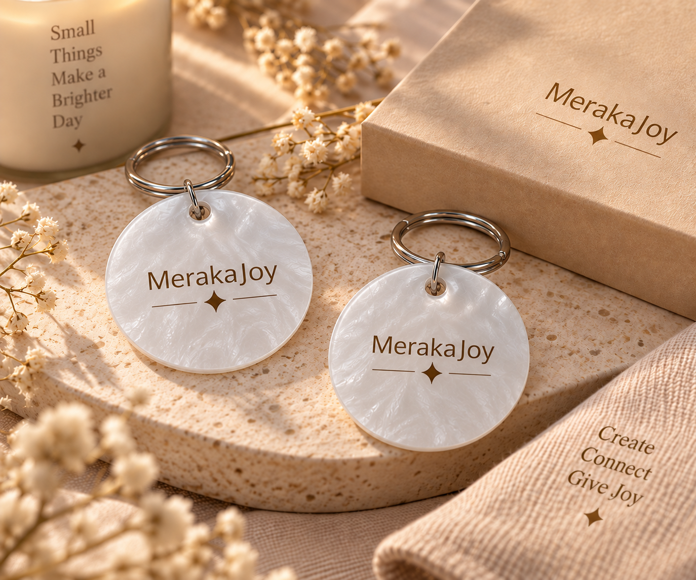 Personalised MerakaJoy smart keychains designed to connect a physical gift with digital content through a smartphone tap.