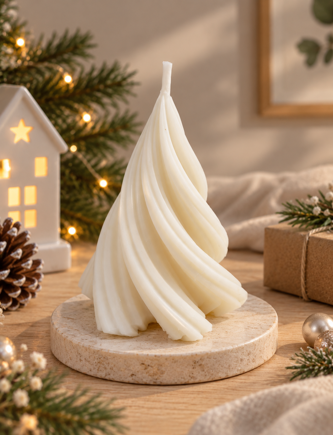 White sculptural Christmas tree candle with an elegant twisted design.