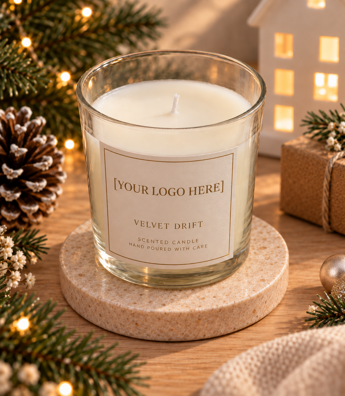 Personalised candle with custom branding, presented in a warm Christmas setting.