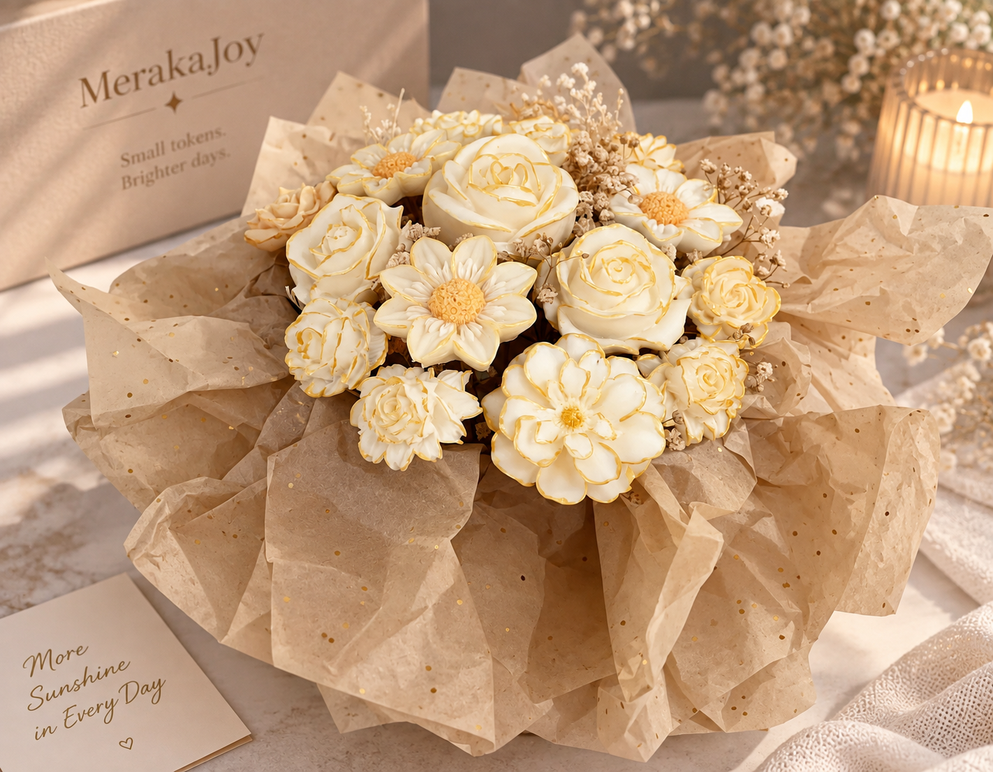 Handcrafted wax flower bouquet with cream roses and small floral details in neutral gift wrapping.