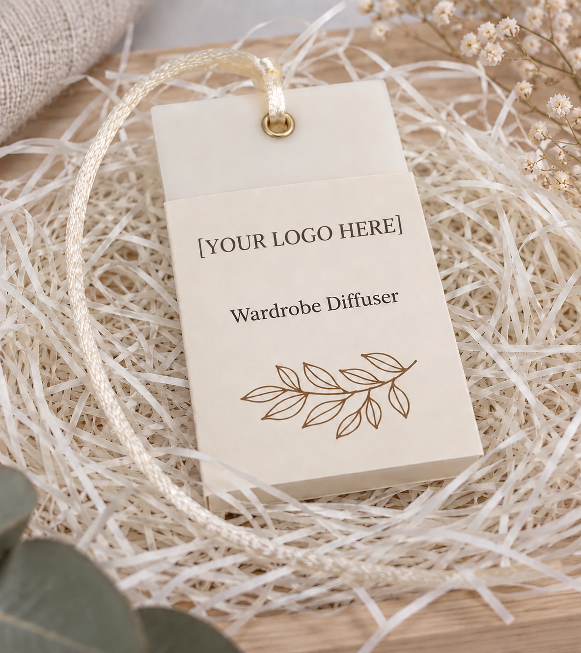 Personalised wardrobe diffuser with custom branding, presented in gift packaging.