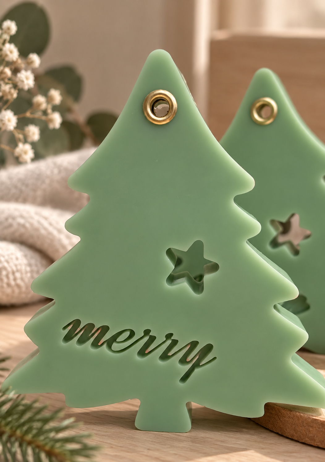 Green Christmas tree shaped hanging fragrance pieces with star details and festive lettering.