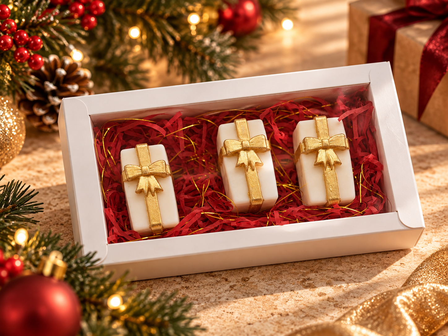 Three gift shaped wax creations presented in a festive Christmas gift box.