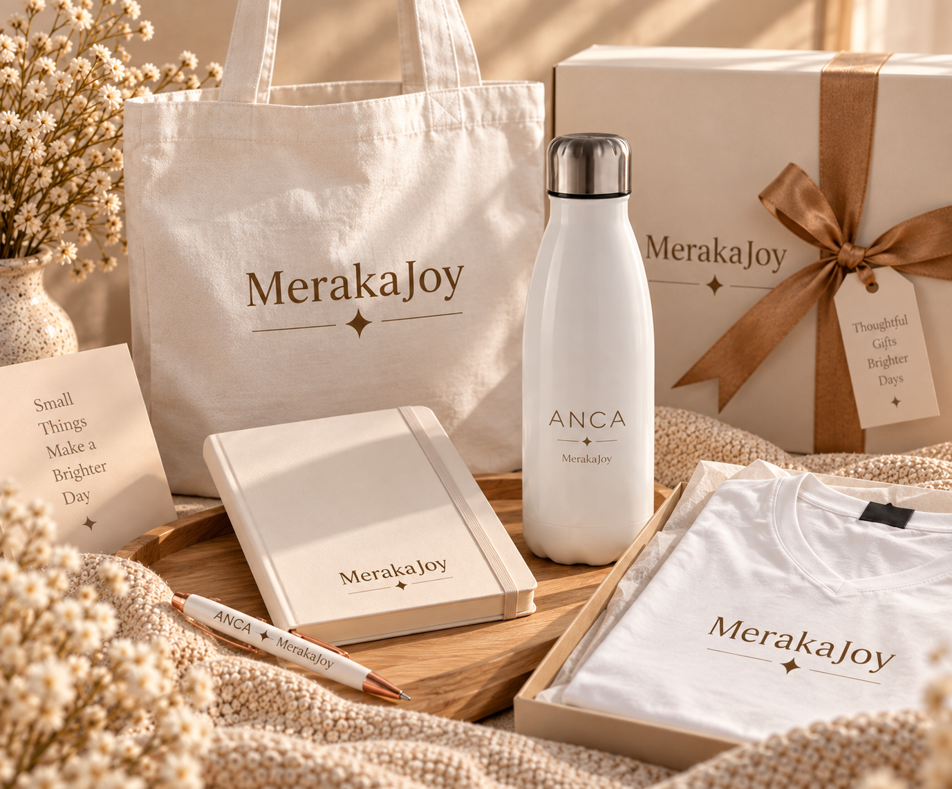 Personalised corporate gifts including a branded notebook, reusable bottle, tote bag and gift packaging by MerakaJoy.