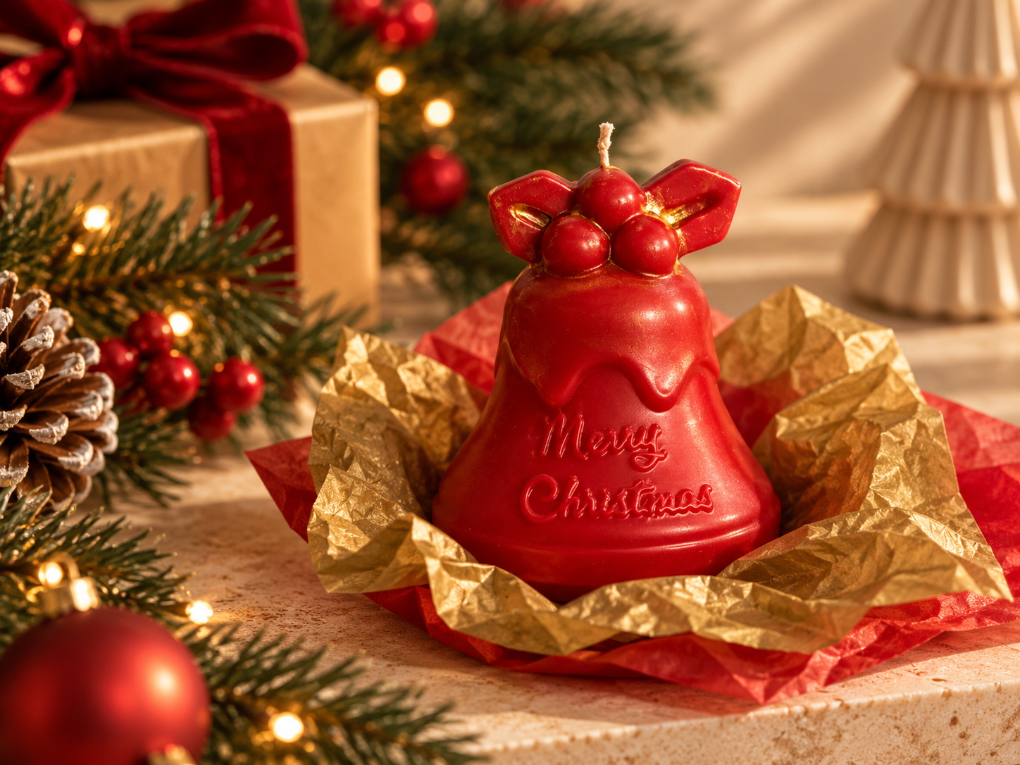 Red Christmas bell shaped sculptural candle with a bow detail in a festive setting.
