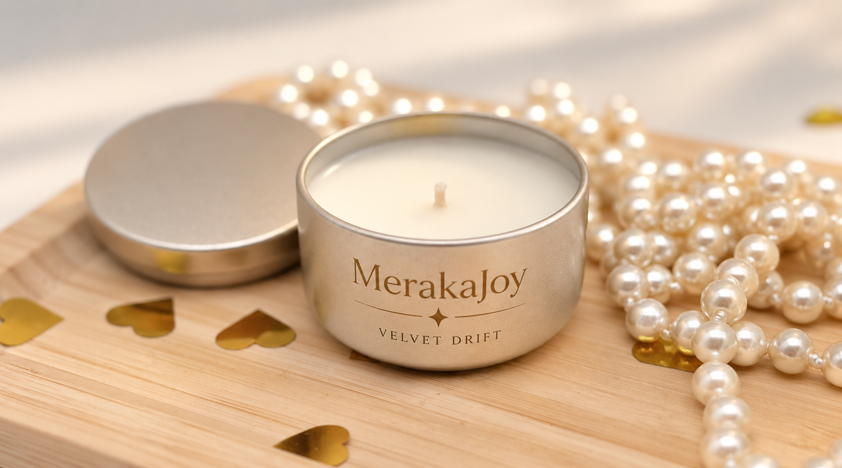 MerakaJoy scented candle in a metal tin with lid, styled with pearl details.