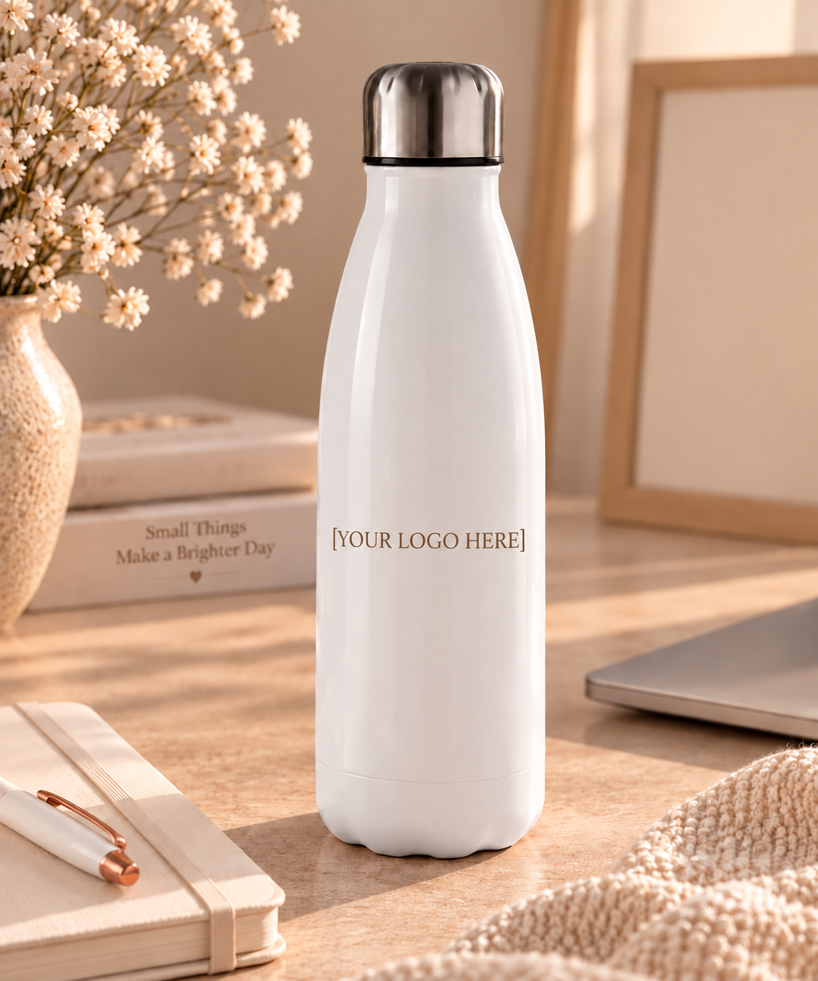 White personalised water bottle shown with placeholder logo placement for custom company branding.