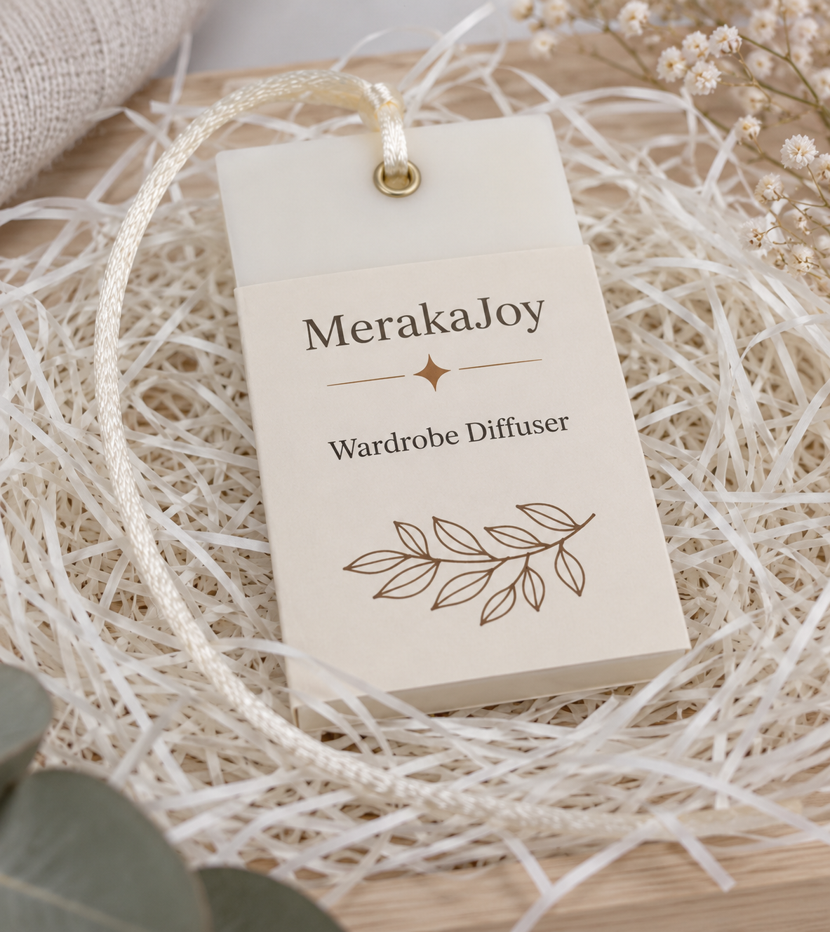 MerakaJoy rectangular wardrobe diffuser with botanical label, presented on white natural gift filling.