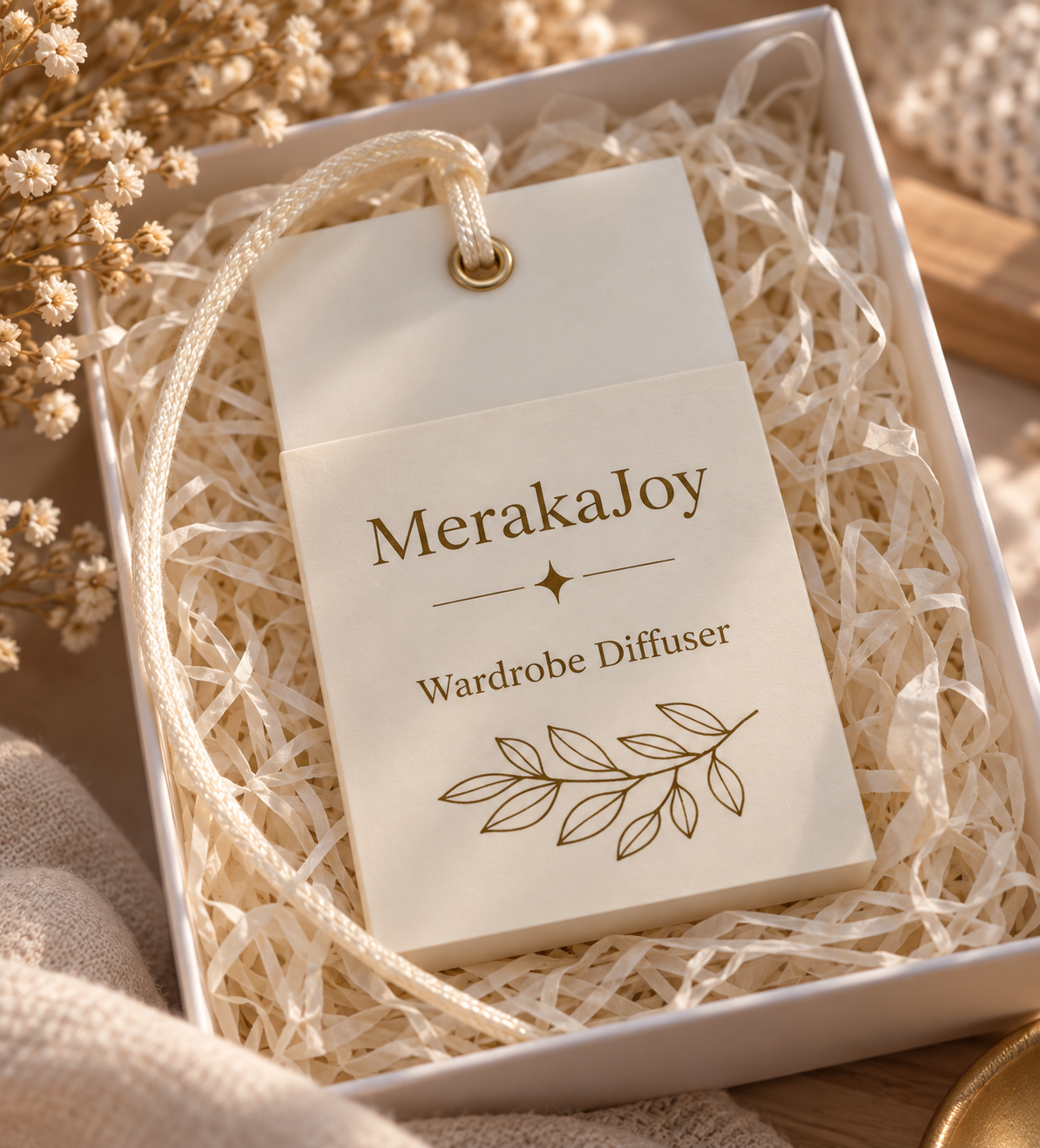 MerakaJoy rectangular wardrobe diffuser with botanical label, presented in gift packaging.