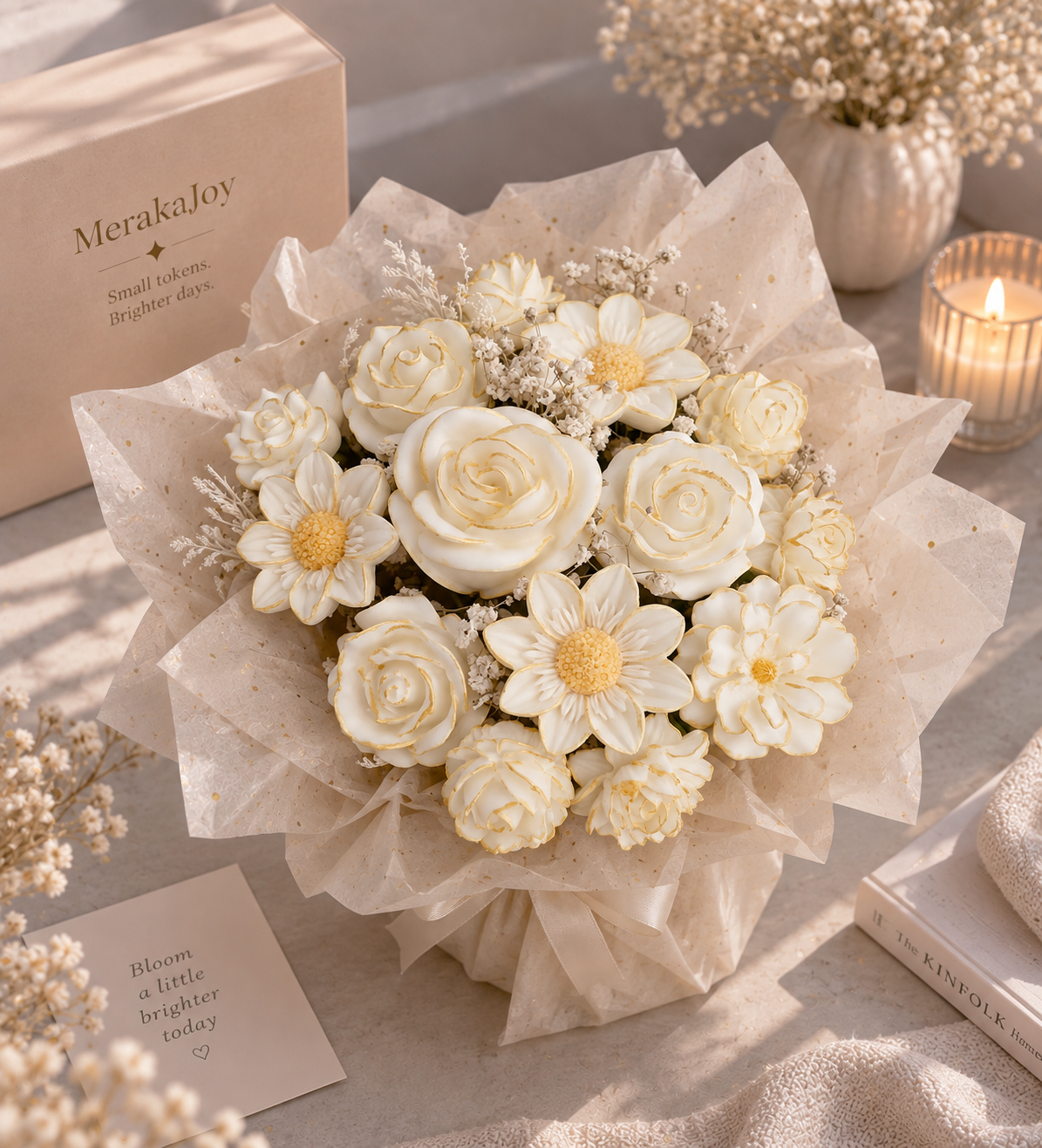 Handcrafted white wax flower bouquet with roses and daisies, presented in decorative wrapping.