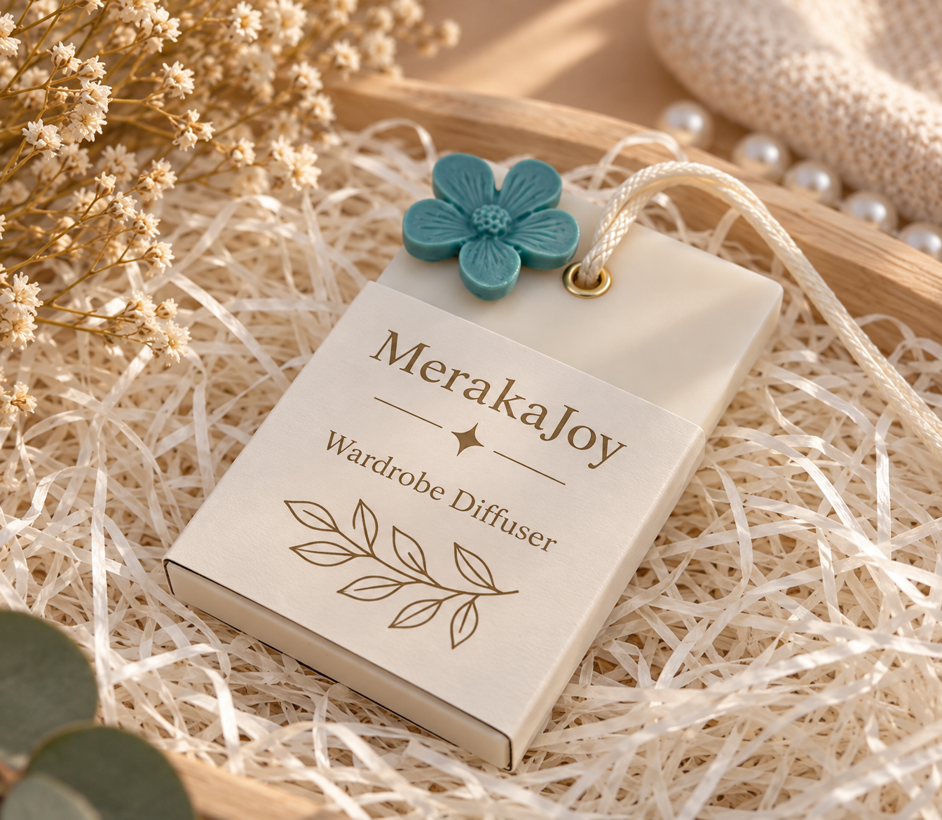 Personalised MerakaJoy wax wardrobe diffuser with floral detail.