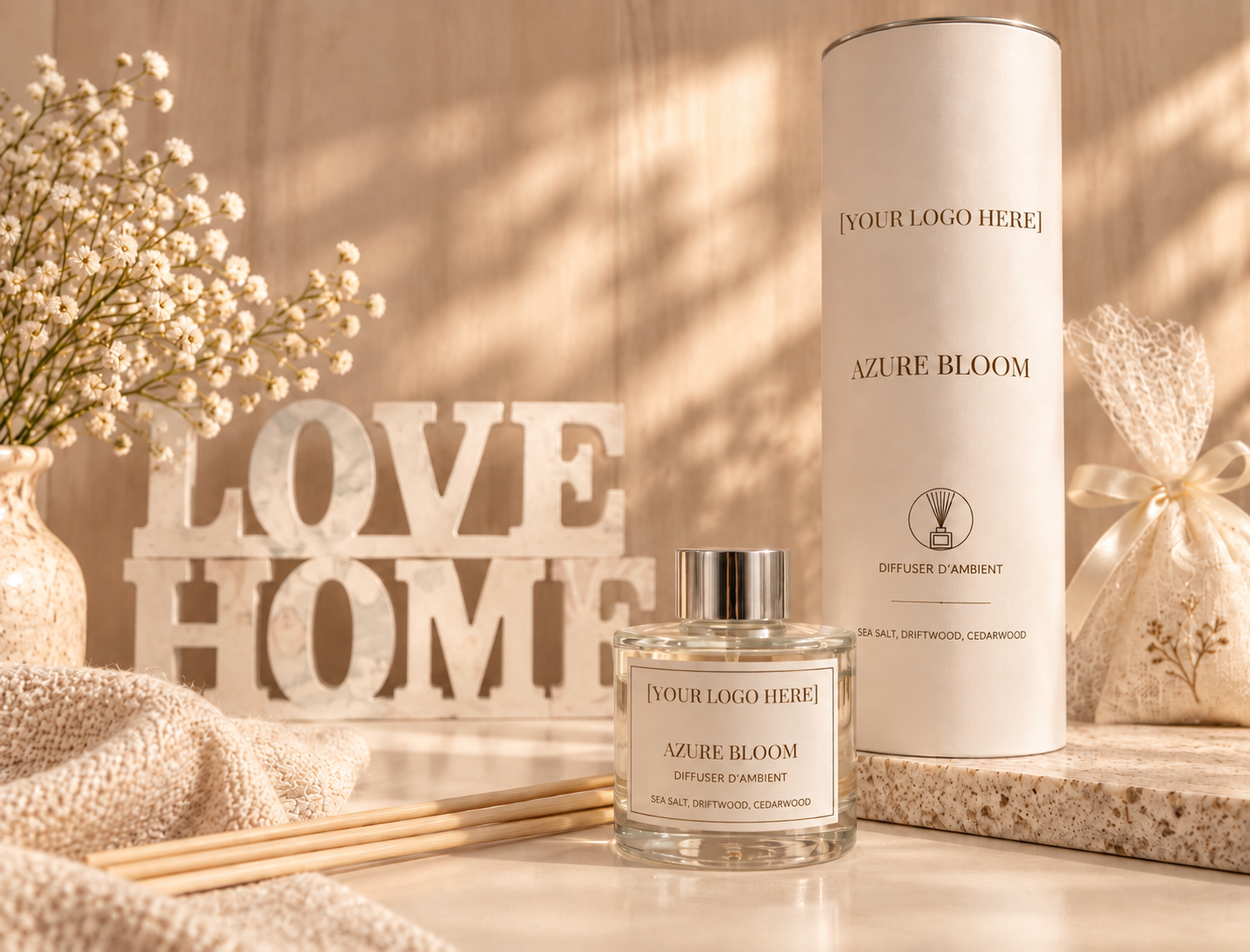 Home fragrance gift set with candle and room fragrance, styled for a warm seasonal occasion.