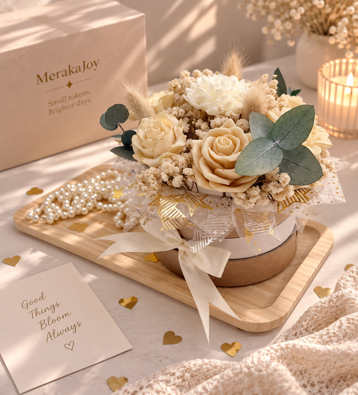 Decorative wax flower arrangement in neutral tones, presented as a handcrafted gift.
