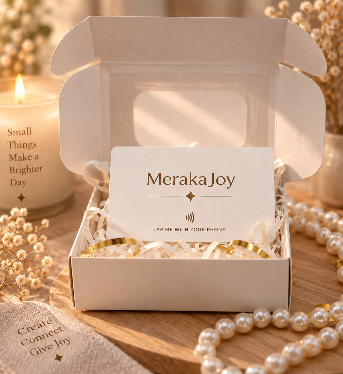 MerakaJoy interactive gift card presented in a gift box, allowing the recipient to access digital content with a smartphone tap.