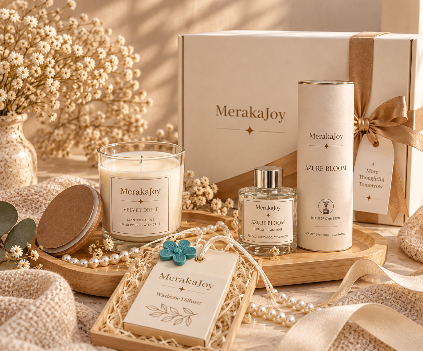 MerakaJoy home fragrance gift set with candle, wardrobe diffuser and personalised packaging.
