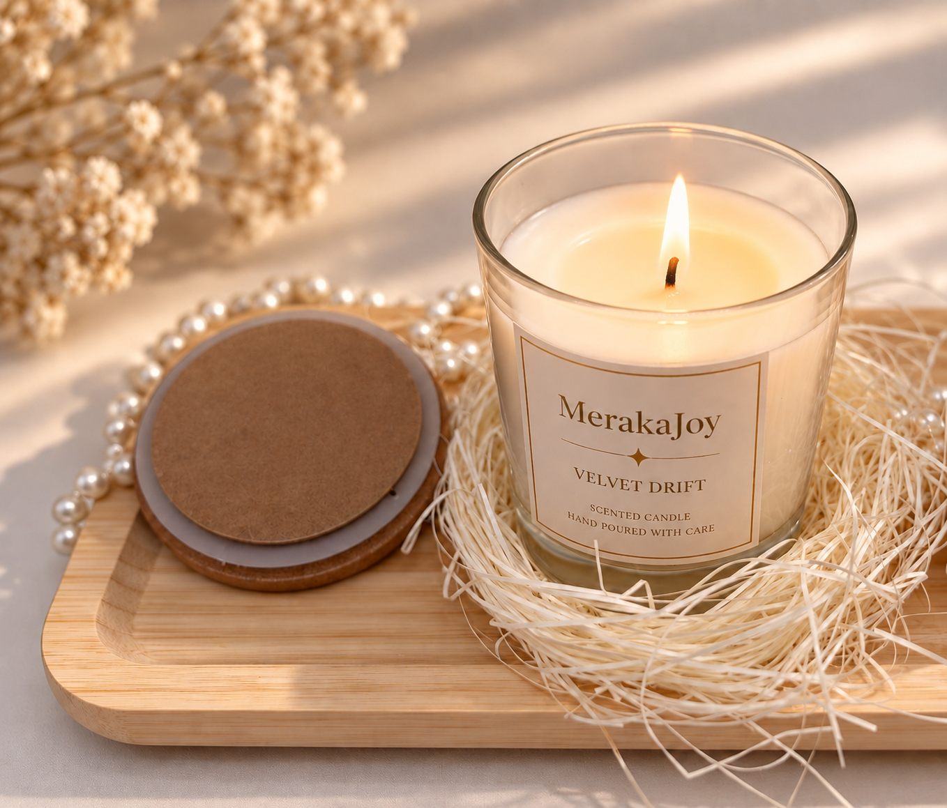Personalised MerakaJoy candle presented with natural gift styling.