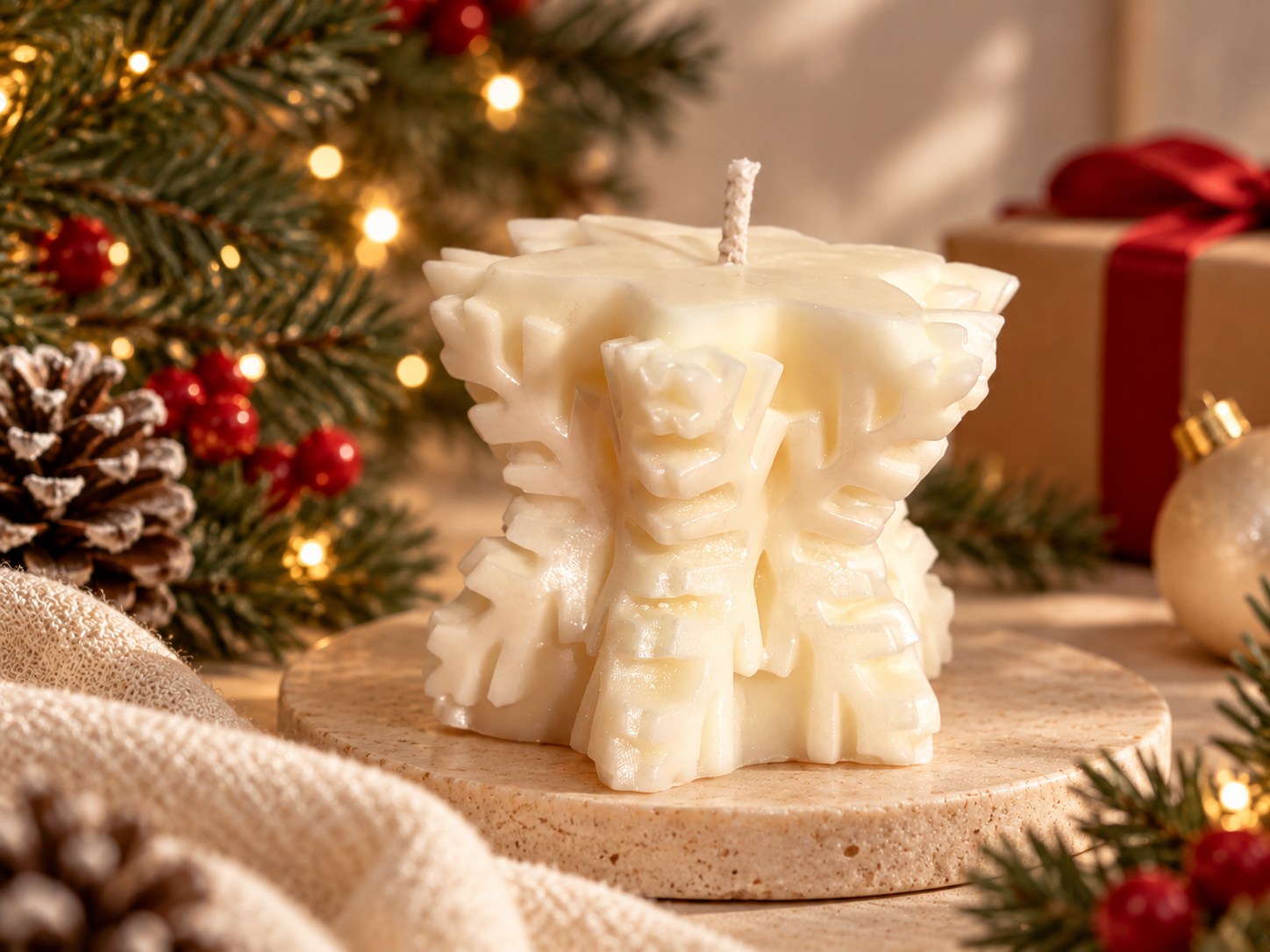 Decorative Snowflake candle handcrafted in wax and styled for seasonal gifting.