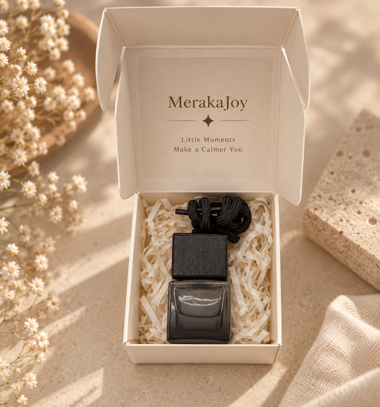 Black car diffuser presented in a MerakaJoy gift box with protective filling.