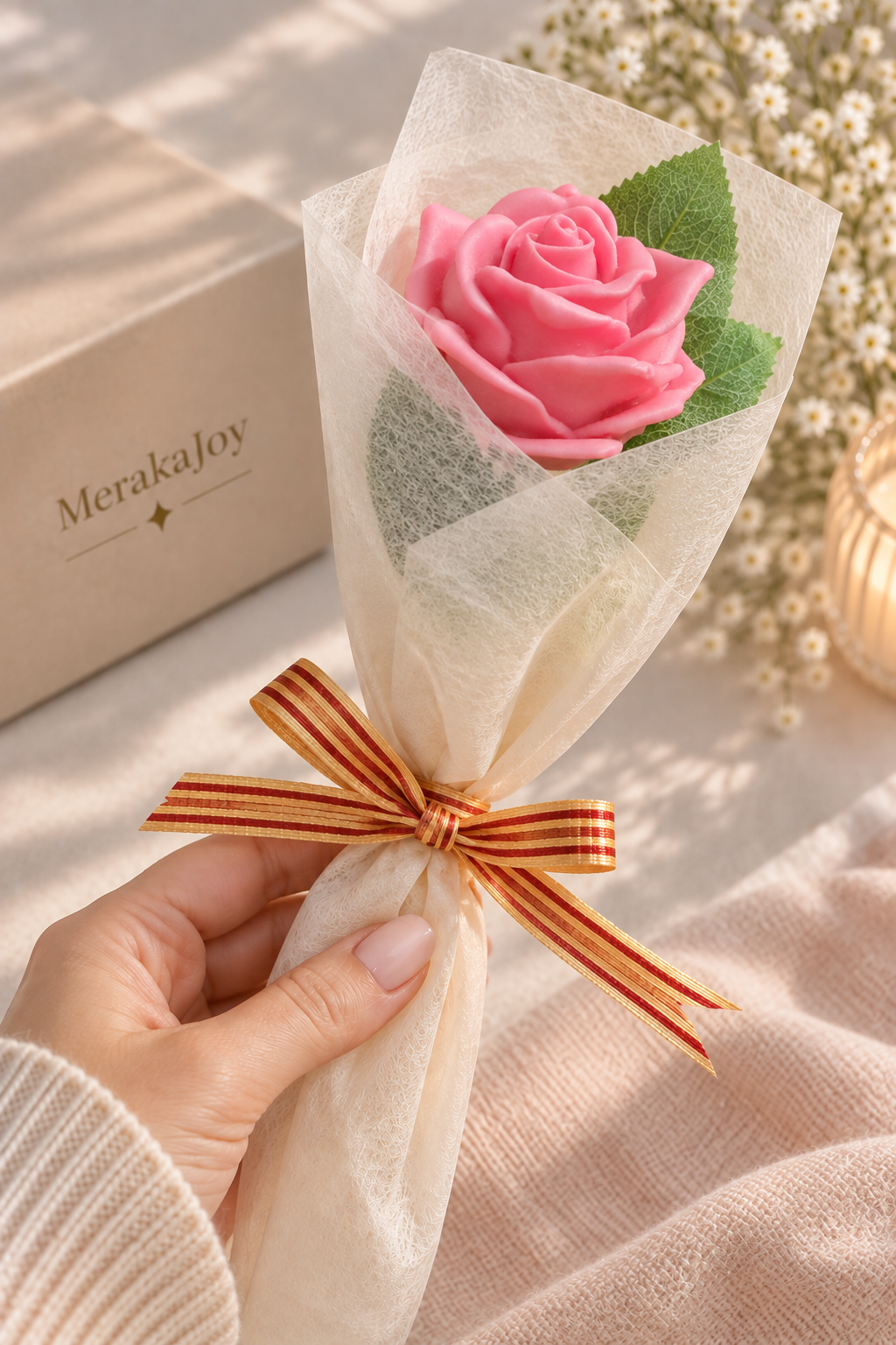 Pink wax rose gift for Sant Jordi, presented with MerakaJoy packaging.