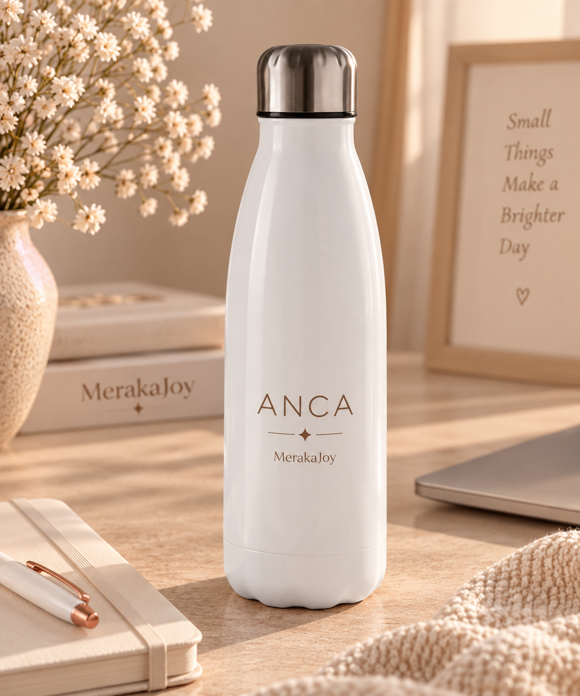 White personalised water bottle with a name and MerakaJoy branding.