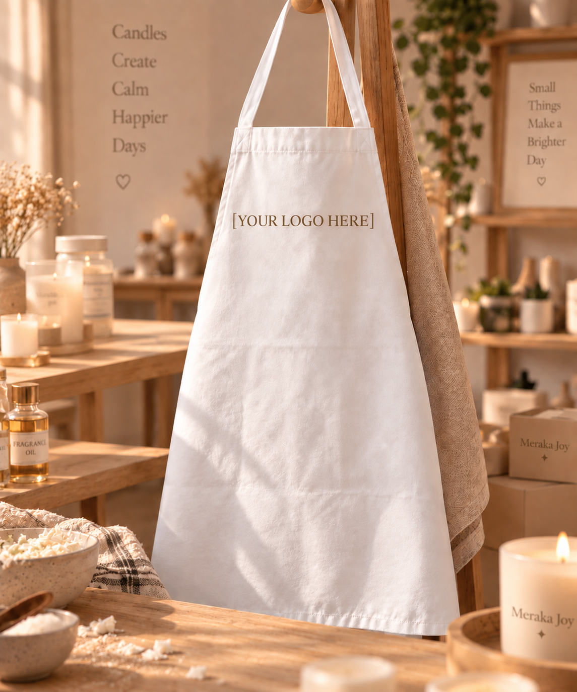 White personalised apron shown with placeholder logo placement for custom company or event branding.