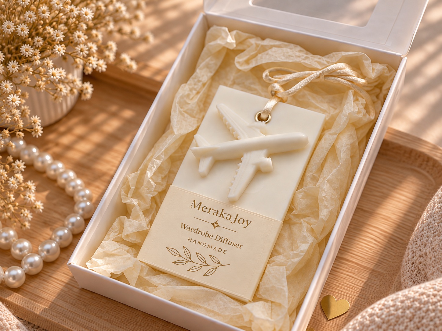 MerakaJoy handcrafted wax wardrobe diffuser presented in a personalised gift box