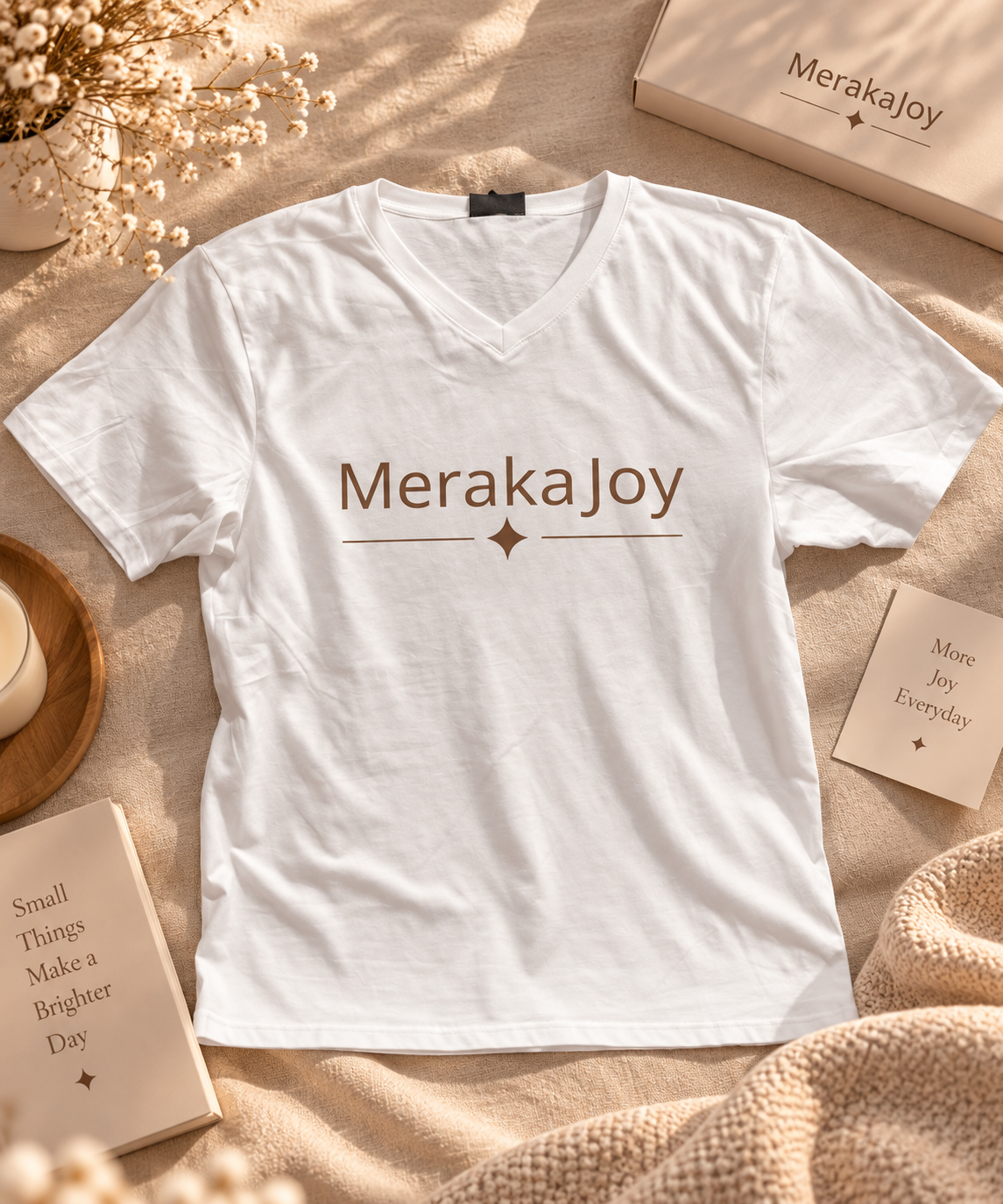 White personalised T-shirt with MerakaJoy branding, styled in a warm neutral setting
