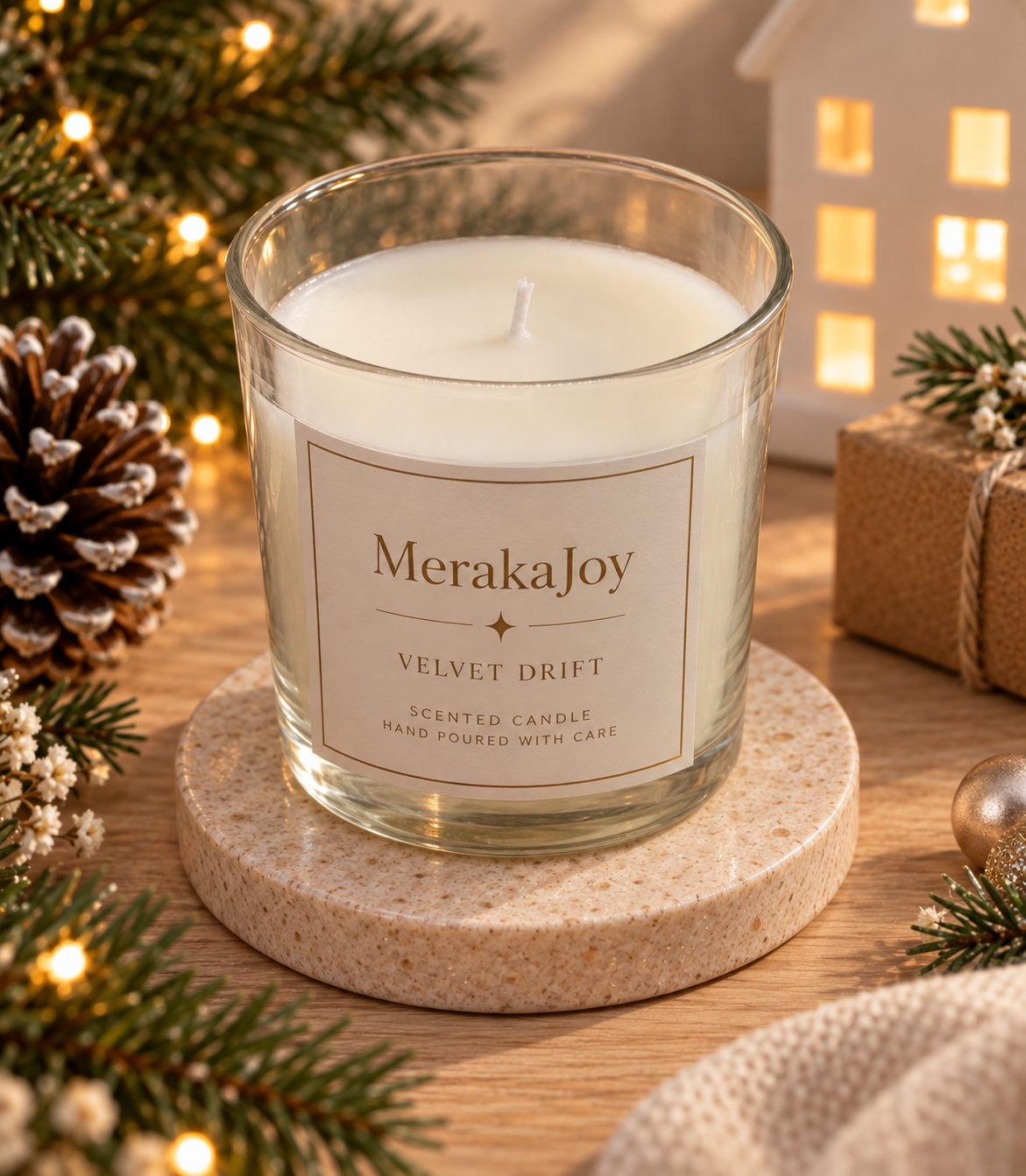 Personalised MerakaJoy candle styled for a festive Christmas gifting collection.