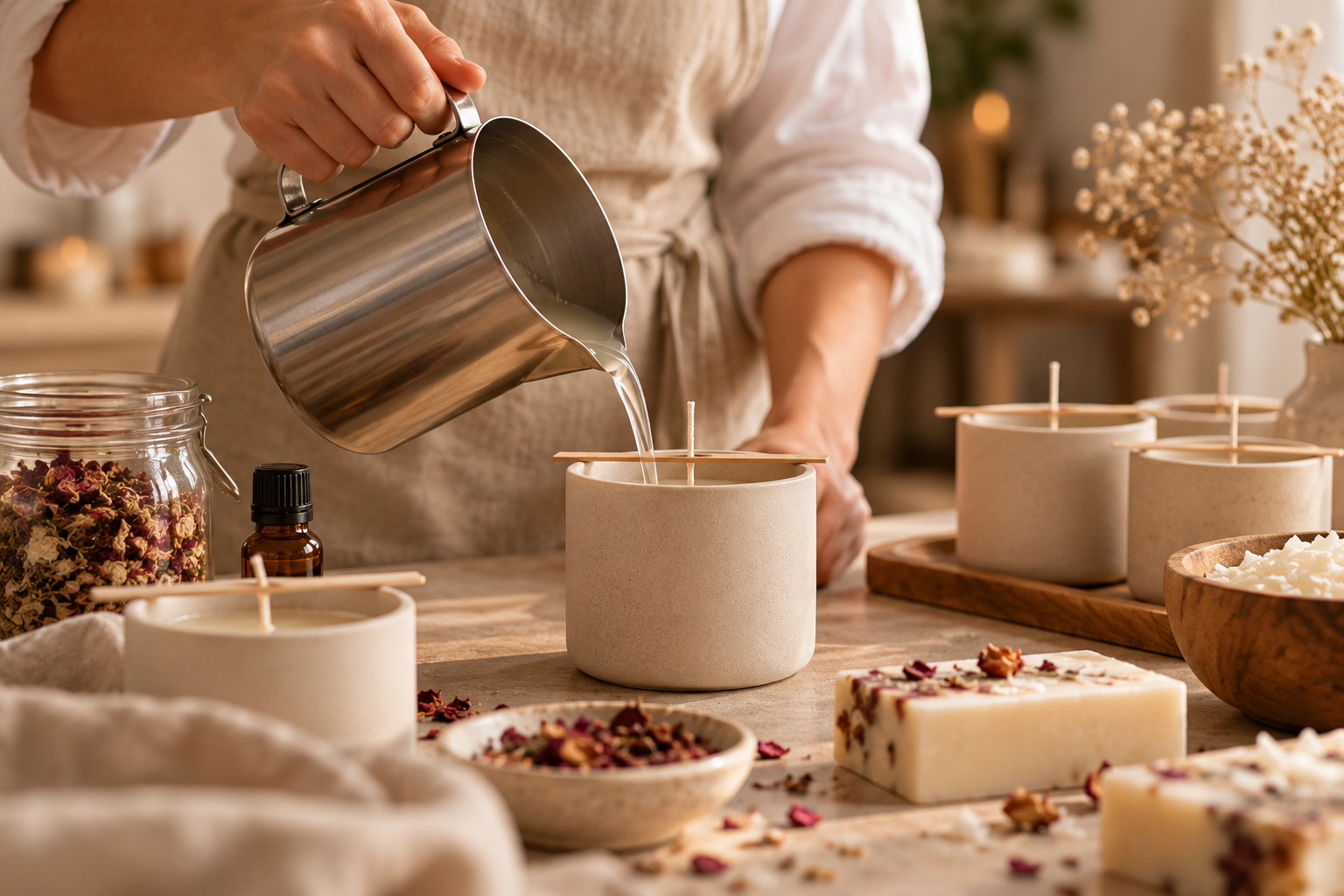 Candle-making workshop with wax being poured into a candle vessel
