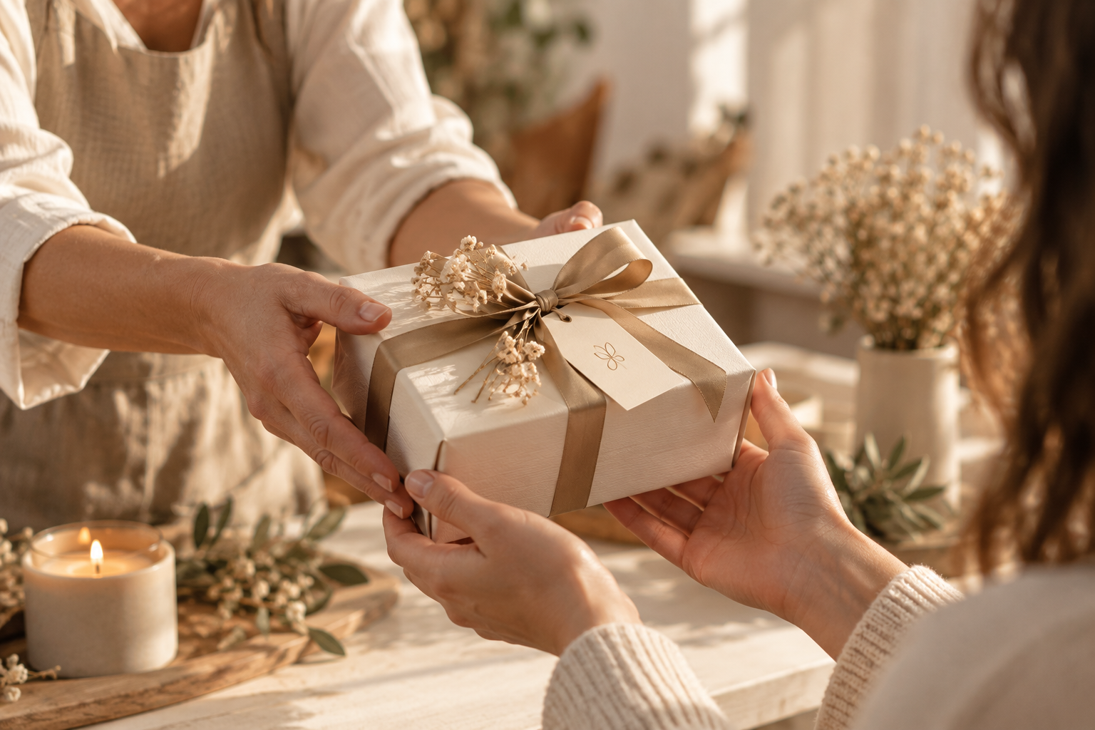 A thoughtfully wrapped gift being passed from giver to recipient