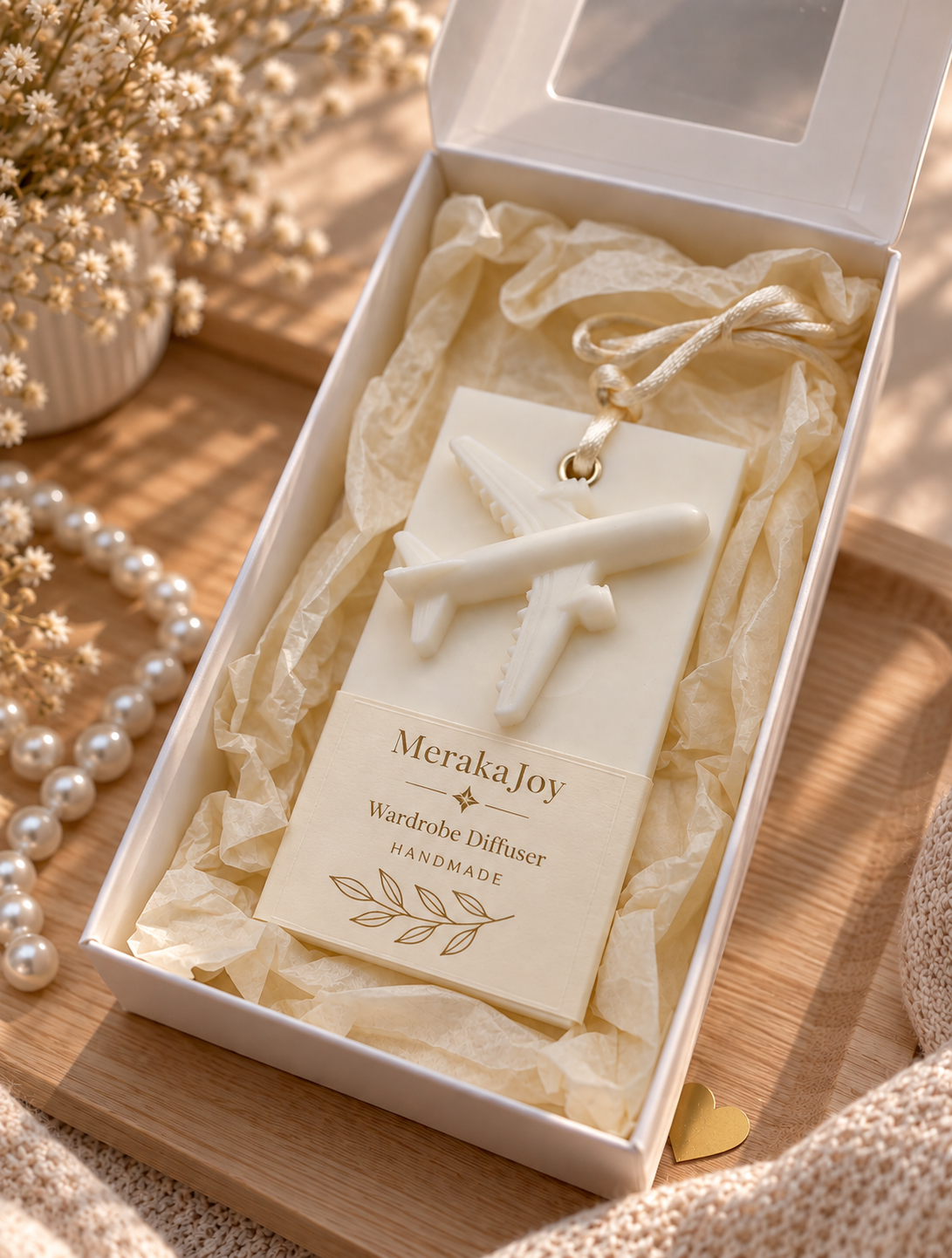 Personalised wax wardrobe diffuser with aeroplane detail, presented in a MerakaJoy gift box.