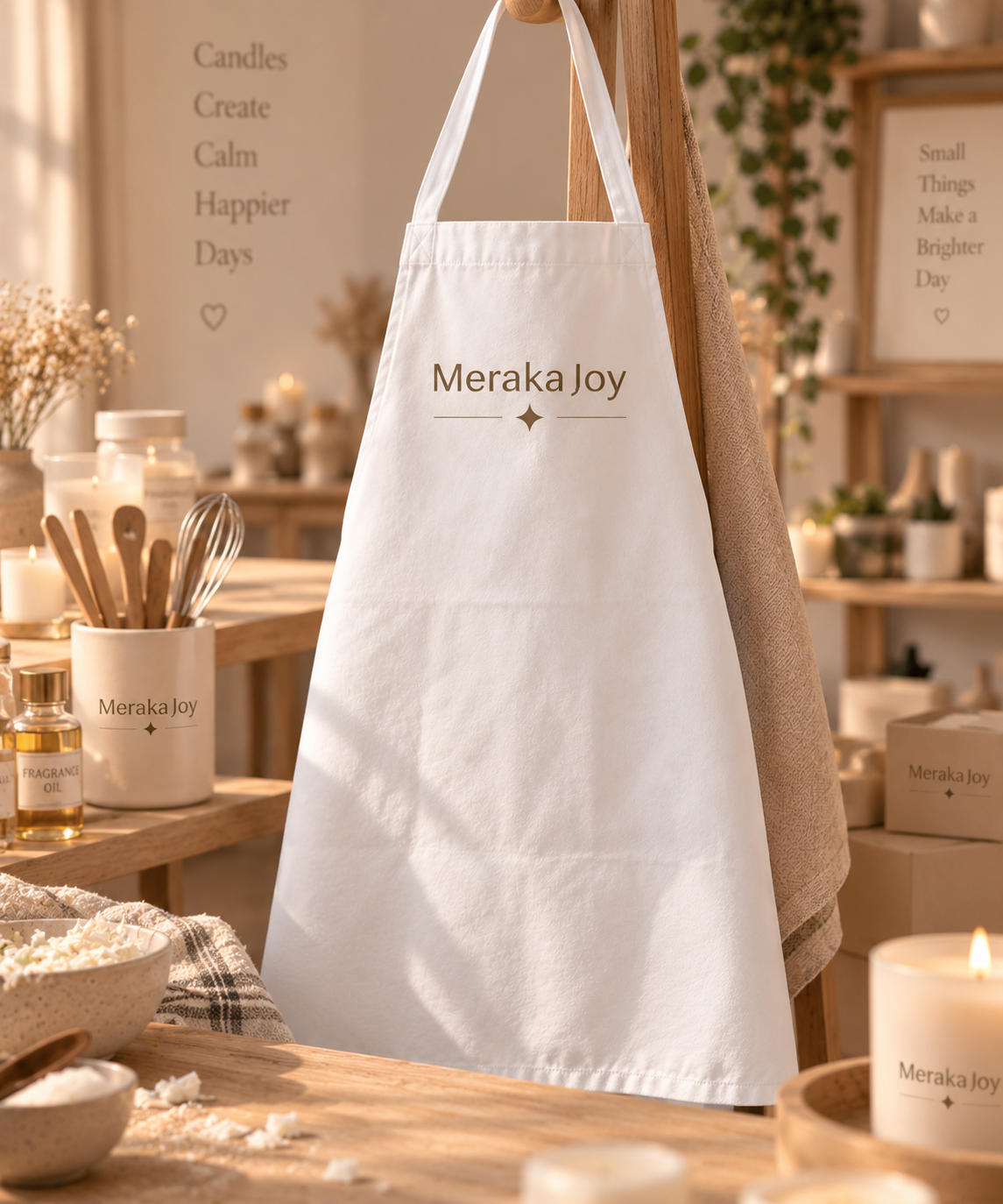 White personalised apron with MerakaJoy branding, displayed in a creative workspace.