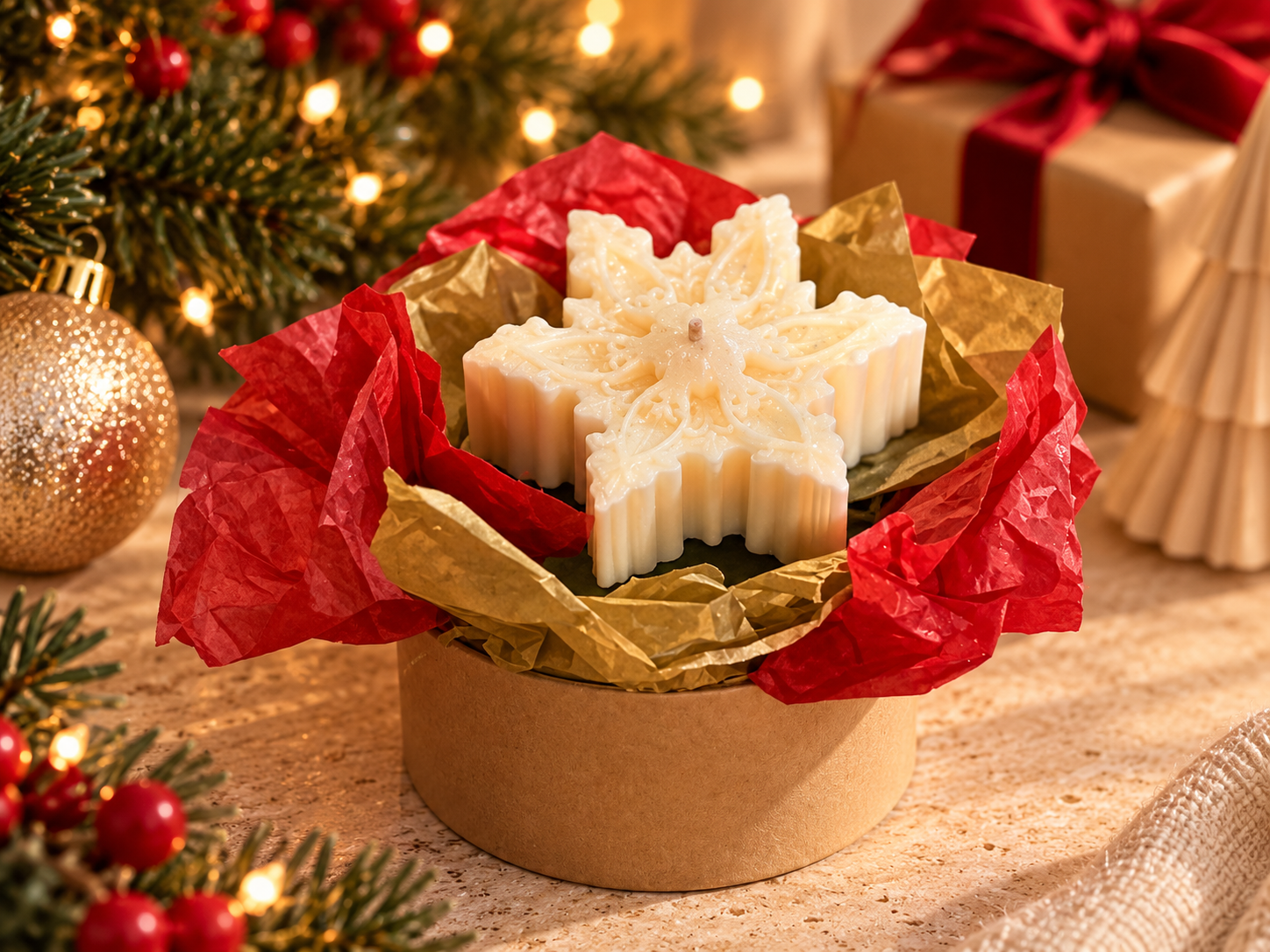 White snowflake shaped sculptural candle presented as a festive gift arrangement.
