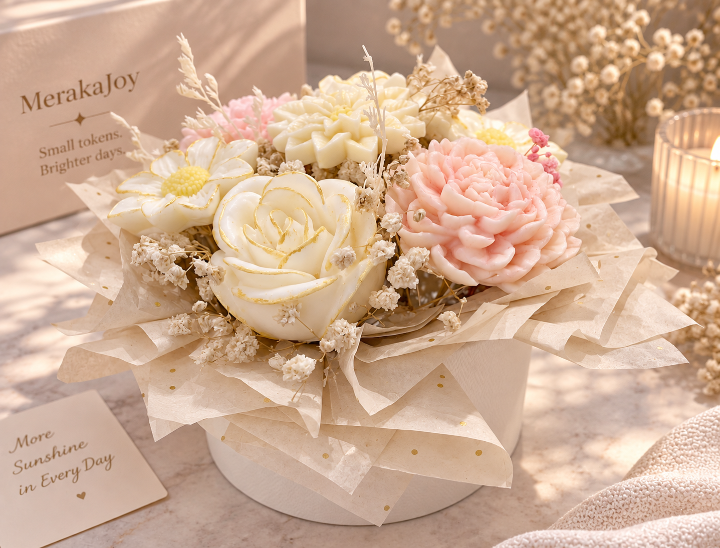 Handcrafted wax flower bouquet with white and soft pink roses, presented as a gift arrangement.