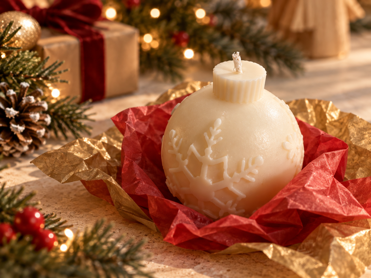 Decorative Christmas bauble candle with snowflake detail, styled for festive gifting.