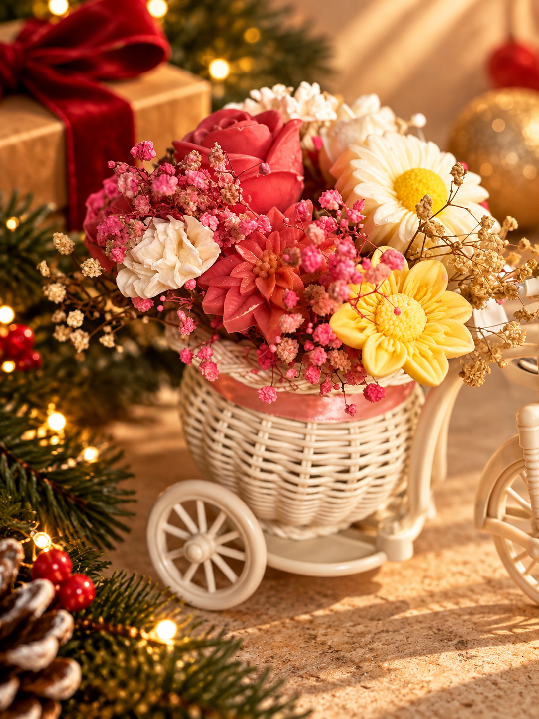 Colourful handcrafted wax flower arrangement presented in a decorative bicycle basket.