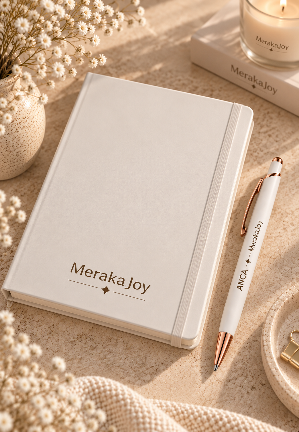 Neutral personalised notebook with MerakaJoy branding and coordinating personalised pen.
