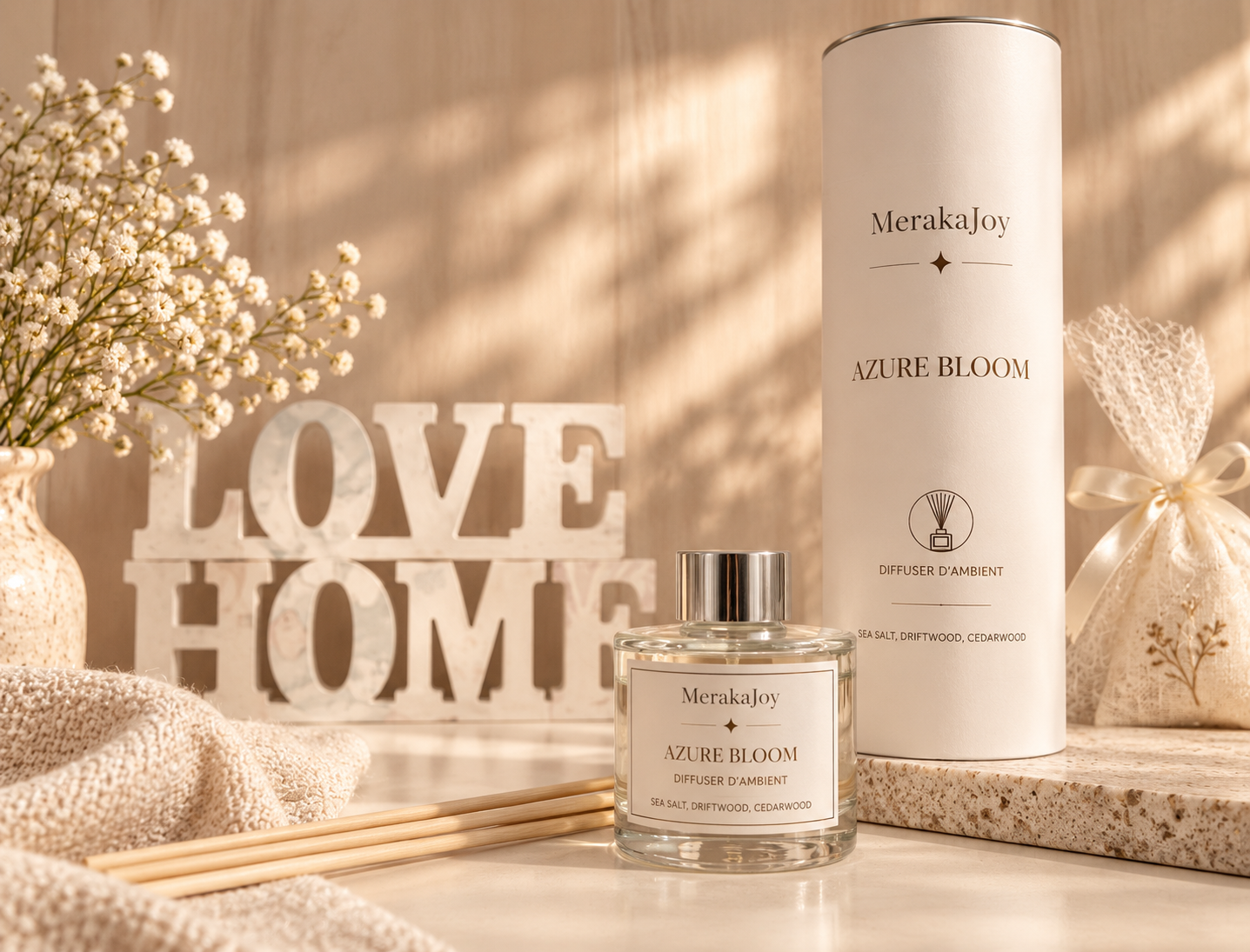 MerakaJoy Azure Bloom home fragrance set with reed diffuser and coordinating fragrance product in a warm neutral setting.
