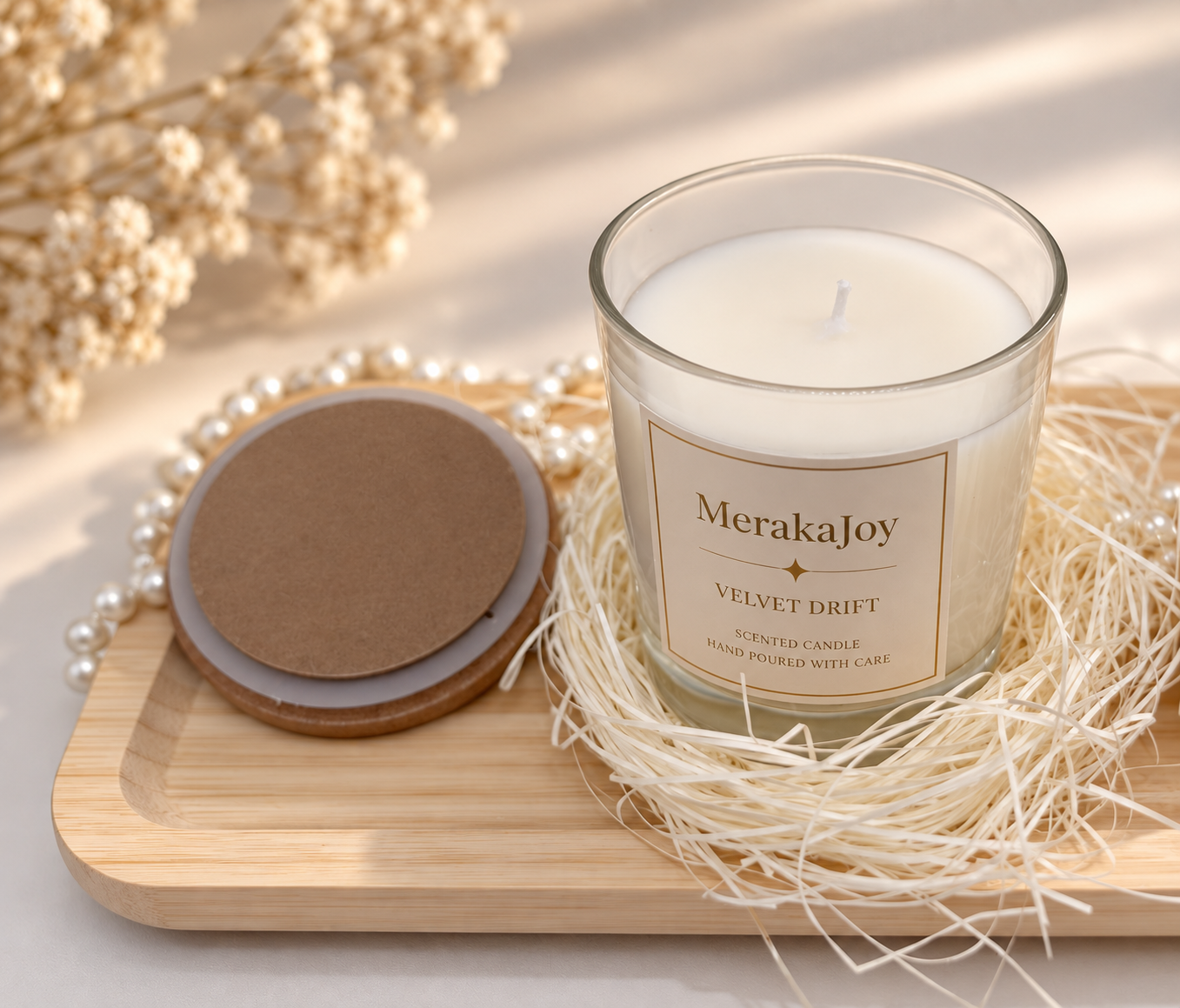 MerakaJoy handcrafted personalised candle in a glass vessel, presented as a gift in Barcelona