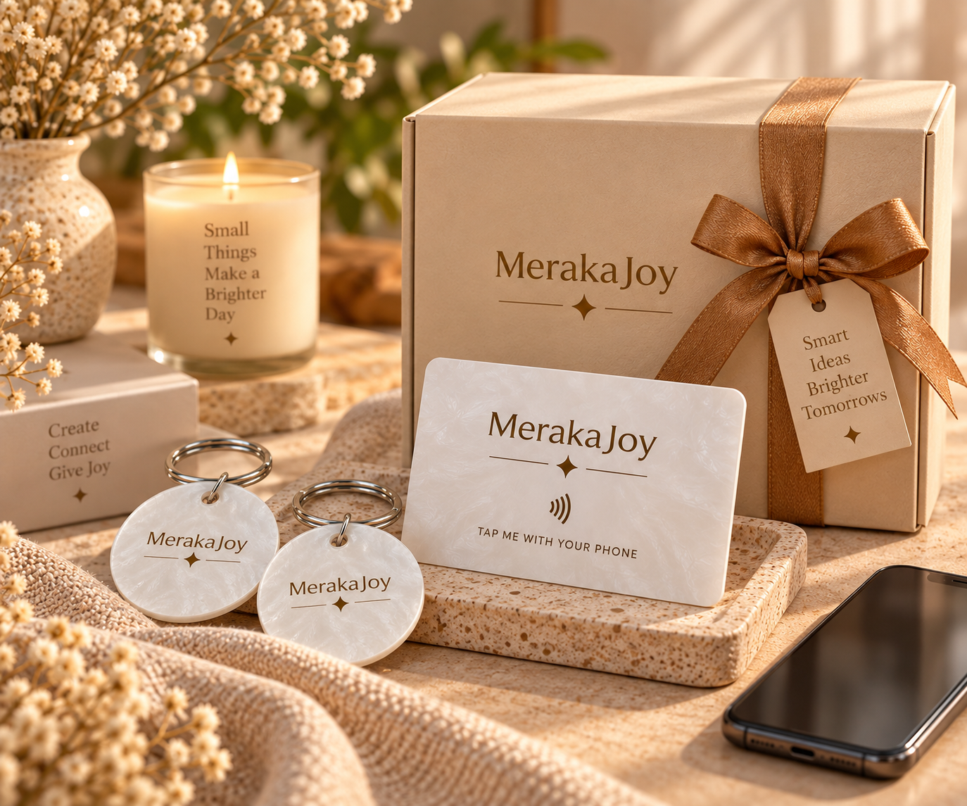 Smart connected gift set with personalised MerakaJoy keychains, interactive card and coordinated gift packaging.