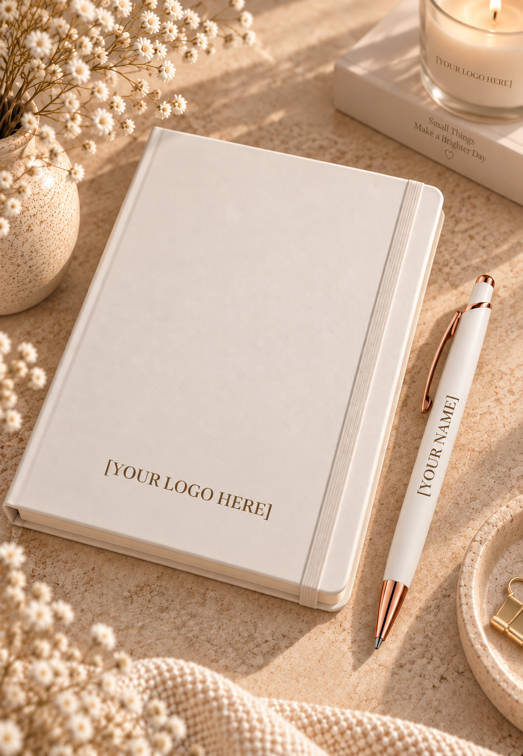 Neutral personalised notebook and pen shown with placeholder logo placement for custom company branding.