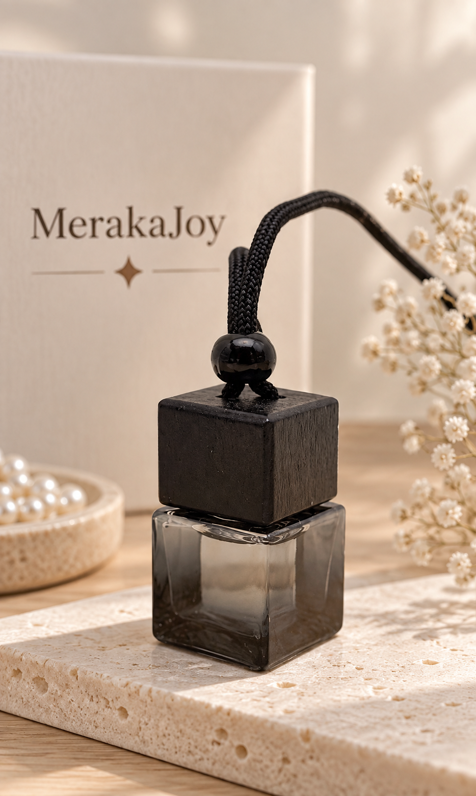 Black square car diffuser bottle with hanging cord, styled with neutral decorative details.