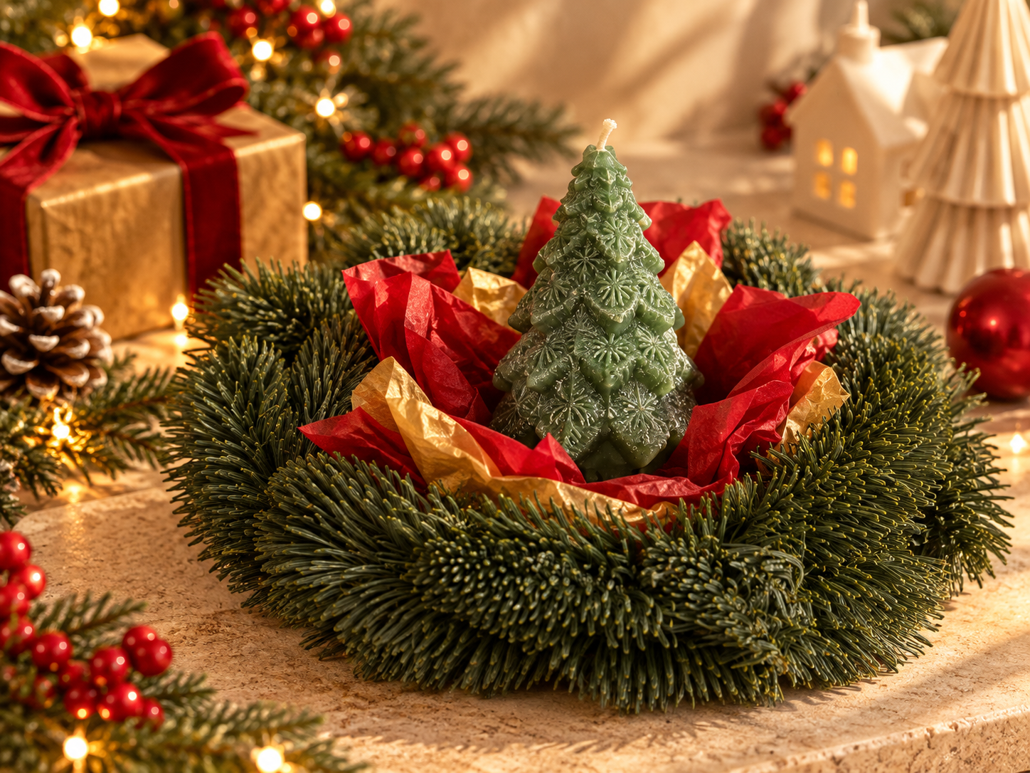 Green Christmas tree shaped sculptural candle presented in a festive greenery arrangement.