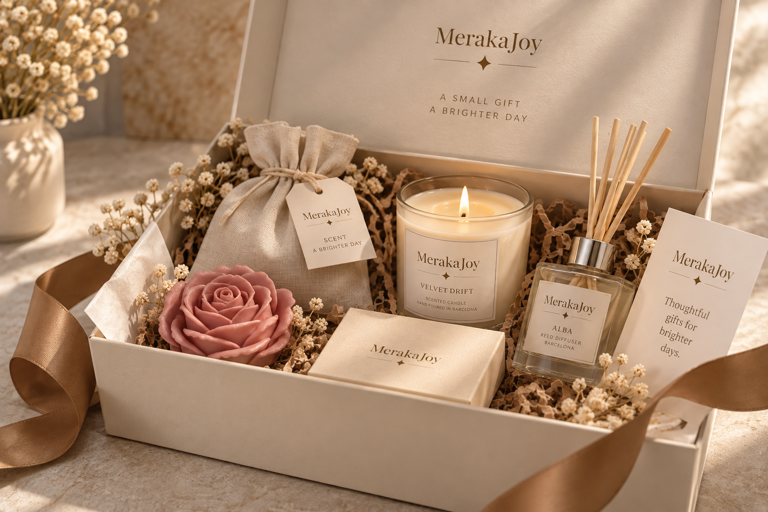 Bespoke MerakaJoy gift box with candle, home fragrance and personalised handcrafted pieces.