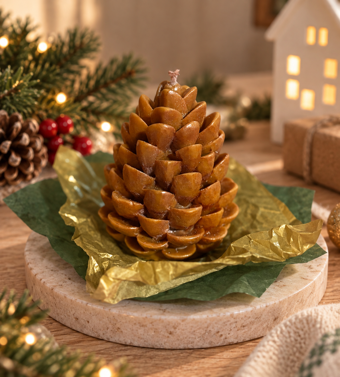 Handcrafted pine cone shaped candle styled as a festive Christmas gift.