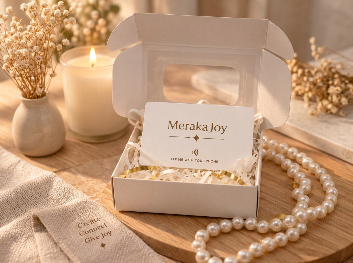 Personalised MerakaJoy smart business card presented in an elegant gift setting